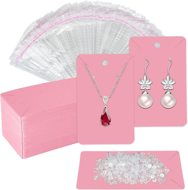 Twavang Pink Earring Display Cards with 100Pcs Earring Holder Cards, 200 Pcs Ear Backs and 100Pcs Jewelry Packaging Bags for Necklace Jewelry Display (3.5" x 2.3" Inches) - Image 1